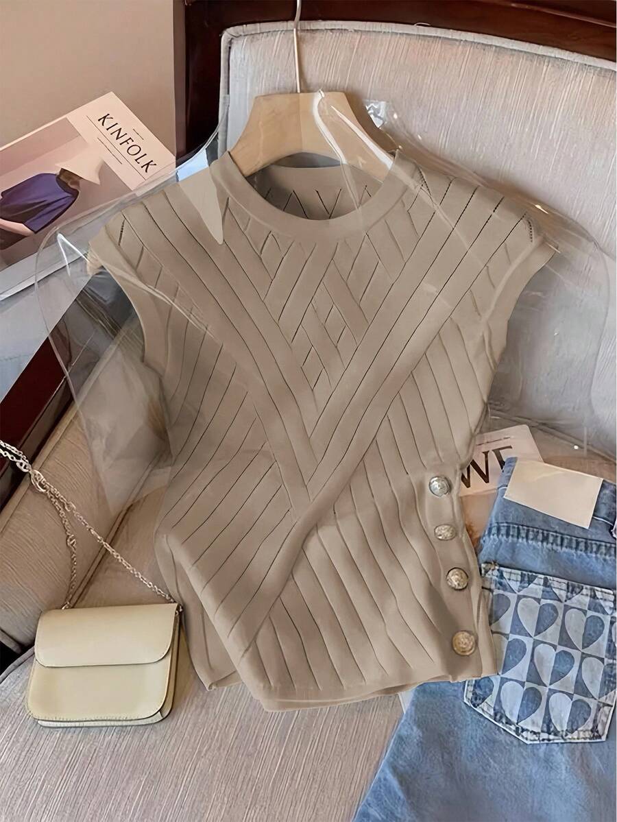 GlowEve Solid Color Round Neck Button Decor Elegant Fashionable Knit Top - Apricot - View 1