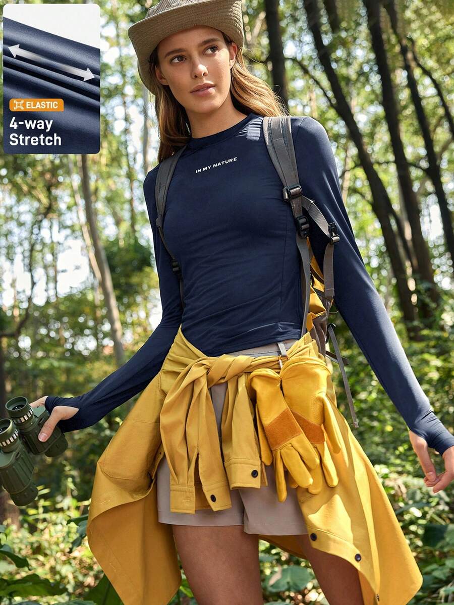 In My Nature 女式标语印花圆领长袖户外 T 恤 女式徒步衬衫 女式户外衬衫 徒步运动服 女式运动服上衣 女式露营衬衫 - 藏蓝色 - 查看 1