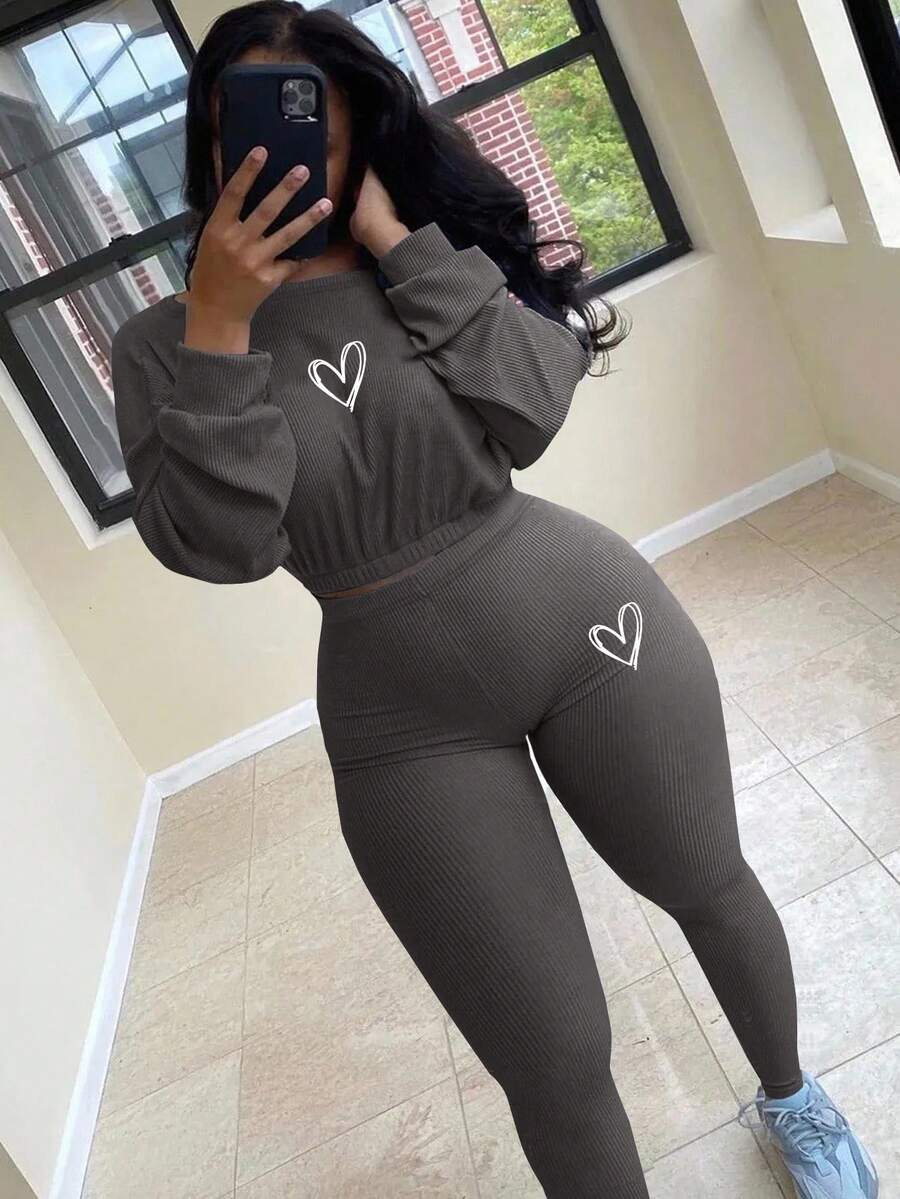 SHEIN 女式心形印花长袖短款上衣和紧身裤休闲两件套，秋季 - 灰色 - 查看 1
