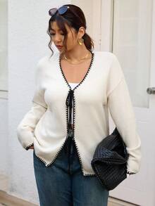 SHEIN Frenchy 大尺碼女款前綁帶開襟針織外套 時尚休閒日常穿搭毛衣 秋冬款 - 白色 - 查看 1