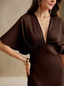 Anewsta New French Shoulder Ruched V-Neck High Waist Fitted Brown Midi Dress, Suitable For Wedding Guest, Fall, Autumn, Summer, Elegant, Chic, Casual
