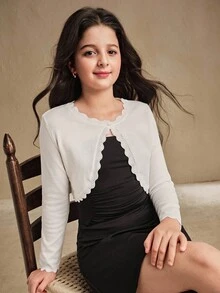 SHEIN Chaqueta de punto de unicolor minimalista y versátil para niña preadolescente - Blanco - Ver 6