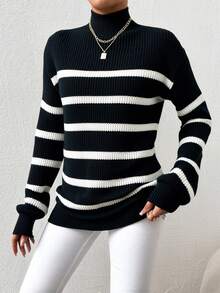EURMUSE Striped Pattern High Neck Drop Shoulder Jumper - Black and White - View 3