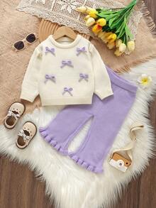 SHEIN Vintaside Kids 2件套女宝宝毛衣套装，紫色圆领3D蝴蝶结上衣+咖啡色喇叭裤，甜美时尚 - 紫色 - 查看 5