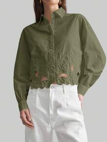 Ontre 2025秋冬女式镂空刺绣下摆短款长袖衬衫，现代优雅都市商务休闲办公装，适合约会、派对、婚礼宾客、生日、万圣节、圣诞节、波西米亚海滩度假等场合。 - 綠色 - 查看 8