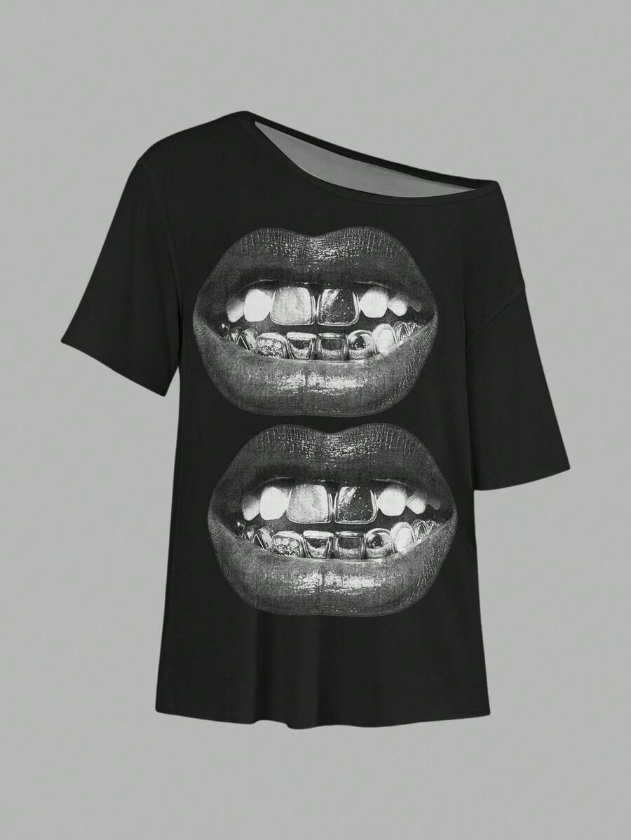SHEIN Comfortcana Plus Size Women Oblique Shoulder Lip Print Short Sleeve T-Shirt, Suitable For Summer - Black - View 1