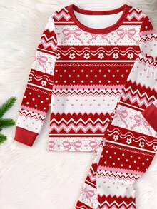 SHEIN 1set Tween Girls Vintage Red Butterfly & Floral Print Knit Crew Neck Snug Fit Long Sleeve Top And Pants Pajama Set, Suitable For Christmas And Holidays  Snug Fit Christmas Pajamas - Red - View 5