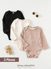 Cozy Pixies 3 Stück/Set Baby Cartoon Tier Muster Weich Strick Rundhals Langarm Bodysuit