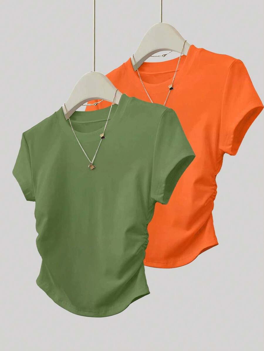 INAWLY 2 Stücke/Set Damen Lässig Taillierte T-Shirts, leuchtende Farben, vielseitig kombinierbare Outfits für den Sommer - Verschiedenfarbig - Übersicht 1