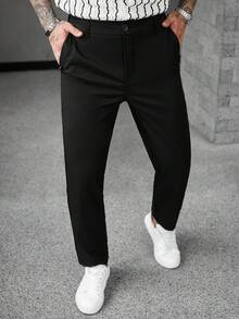 Manfinity CasualCool 男士纯色口袋直筒休闲裤，秋季 - 黑色 - 查看 5