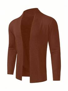 Manfinity Homme 男士休闲纯色前开衫，秋冬 - 棕色 - 查看 3
