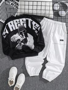 SHEIN 2 件儿童/青少年男童休闲日常百搭舒适字母印花图案圆领宽松套头衫和纯色梭织裤套装 - 彩色 - 查看 4