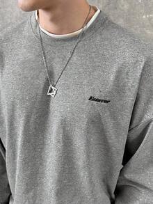 Manfinity VCAY 男士字母刺绣休闲宽松长袖T恤，秋季 - 灰色 - 查看 4