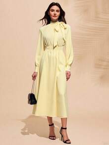 Almamuse Women's Elegant Ruched Ruched Tie Neck Lantern Sleeve Long Dress - Light Yellow - View 3