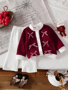 SHEIN 2pcs Baby Girl Christmas Outfit,Red Knitted Long Sleeve Top + Flared Pants Set,Cute White Autumn Casual Family Matching Knitted Fashionable Clothes - Red - View 1