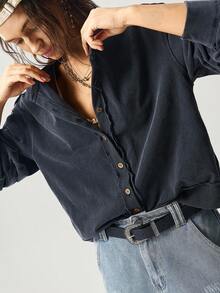 Bohemela 大码女式纯色落肩长袖单排扣休闲T恤