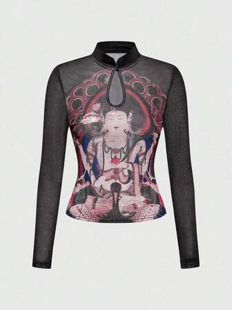 ROMWE Avant Top lungo a maniche lunghe da donna, stile vintage cinese, con stampa di Buddha, aderente e trasparente, collo alla coreana