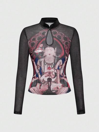 ROMWE Avant Vintage Chinese Style Buddha Print Tight Sexy Sheer Women Long Sleeve Mandarin Collar Top