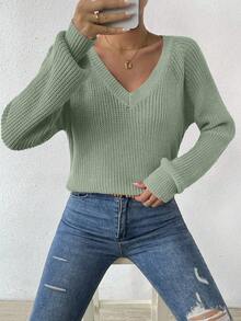 EMERY ROSE Women's Solid Color V-Neck Raglan Sleeve Casual Loose Knit Sweater, Autumn - Green - View 5