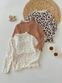 SHEIN 3 件 Babygirl 休闲百搭针织豹纹波点图案长袖上衣 - 卡其色 - 查看 4