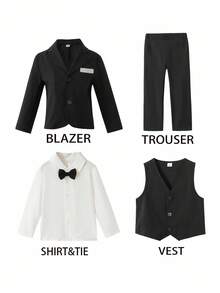 SHEIN 4pcs Toddler Boys' Traditional Wedding Gentleman Outfit Set,Navy Blue Blazer,White Shirt With Bowknot,Vest And Pants For Formal Party,Christening - Black - View 8