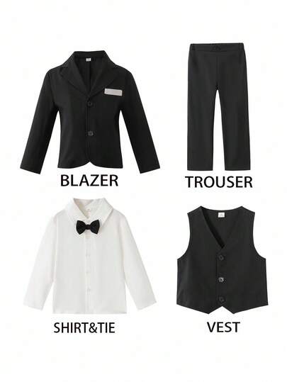 SHEIN 4pcs Toddler Boys' Fashionable Gentleman Outfit Set: Navy Blue Lapel Long Sleeve Blazer With Faux Pockets, White Long Sleeve Shirt With Navy Blue Bowknot Decor, Navy Blue Single-Breasted Vest, And Casual Suit Pants. Suitable For Birthday Party, Formal Event, Wedding, Christening, 1st Birthday Fall Winter