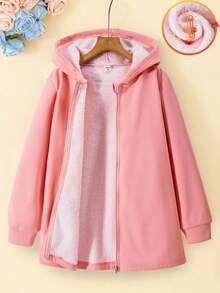 SHEIN Explorewe Tween Girls' Long Sleeve Hooded Zip-Up Cardigan, Mid-Length Snug Fit Design, Polar Thermal Lined, Cute Pink Color, Suitable For Daily, Casual, Outdoor, Commuting, Detailed Craftsmanship, Christmas, Halloween, Autumn/Winter New Arrival - Pink - View 5