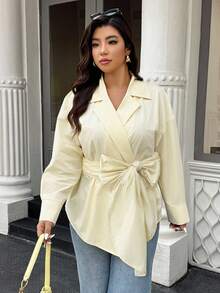 Easura Chemise grande taille pour femmes, couleur unie, ourlet asymétrique, épaules tombantes - Jaune clair - Voir 1