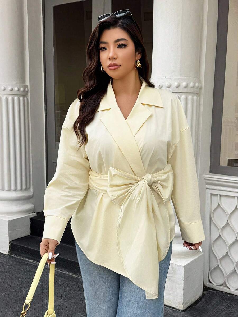 Easura Chemise grande taille pour femmes, couleur unie, ourlet asymétrique, épaules tombantes - Jaune clair - Voir 1