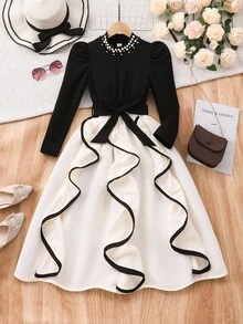 SHEIN Christmas,Halloween,Black Dress,Black Dress,Winter Clothes,Winterclothes For Kids,Autumn Clothes,Halloween,Halloween Costumes,Christmas Clothes,Elegant Waist Cinched Long Sleeve Teen Girls Dresses Girl Black And White Dress Elegant Long Sleeve Dress Dress With Big Bow Black And White Fall