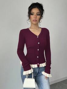 Elenzga Cárdigan de punto con volantes y contraste de color para mujer en otoño - Rojo violeta - Ver 6