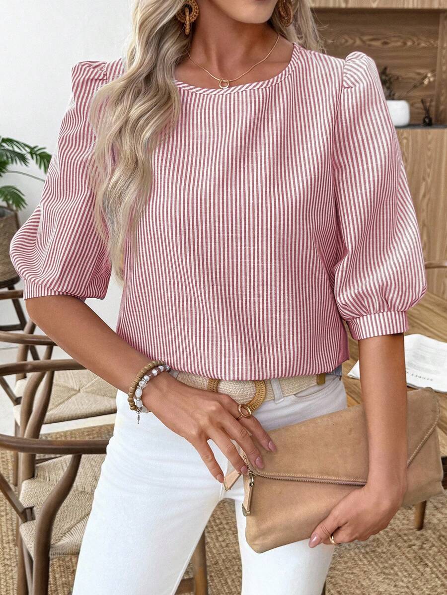 EMERY ROSE 女士休闲通勤条纹灯笼袖衬衫 - 紅色 - 查看 1