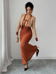 SHEIN Elenzya 女士秋冬休闲复古图案无袖连衣裙，百搭优雅，适合外出、工作、上学、度假 - 包括吊带背心、羊毛衫、百褶裙、针织毛衣 - 彩色 - 查看 6