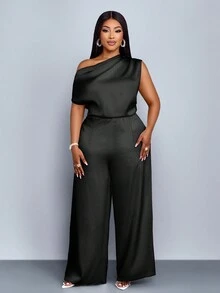 SOLERSUN 大码四季女装时尚通勤纯色优雅日间旅行宽松休闲简约杏色缎面面料一字肩不对称领口肩部褶皱短袖阔腿连体裤春夏度假连体裤阔腿冰丝长裤 - 黑色 - 查看 5