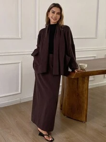 Livesso 2pcs/Set Women Loose Casual Brown Sweater Set, Autumn/Winter - Brown - View 3