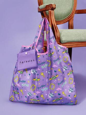 FRIENDS X SHEIN 1pc Letter Print RPET Foldable Tote Bag, Portable Shopping Bag, Gifts
