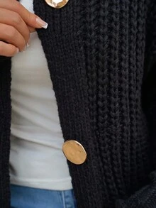 SAYEHFBABY Women's Casual Solid Color Black Cardigan With Pockets, Autumn/Winter,Knitted Sweater - Black - View 5