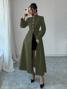 Selianne Women's Solid Color Regular Shoulder Long Sleeve Fashionable Turtleneck Long Overcoat - Army Green - View 7