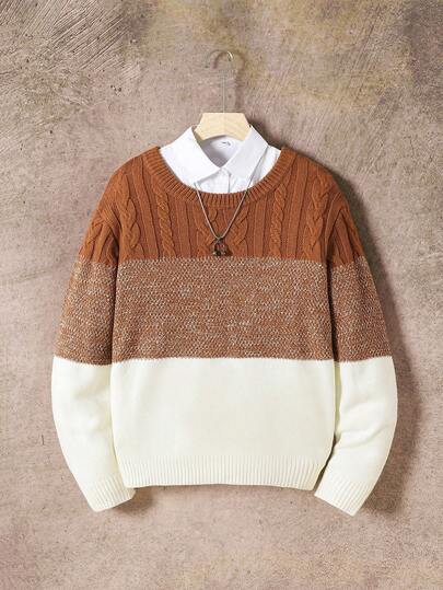 1 件休闲青少年男孩毛衣，三色拼接，厚针织，圆领，常规版型长袖，舒适厚度，独特颜色组合，宽松套头毛衣，适合日常穿着和外出，秋冬必备