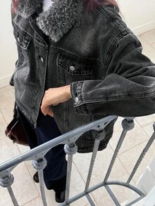 DAZY Women's Fluffy Patchwork Front Button Pocket Long Sleeve Regular Jacket Thermal Lined, Winter Women Coats - Dark Grey - View 3