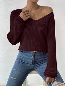 EMERY ROSE Women's Solid Color V-Neck Raglan Sleeve Casual Loose Knit Sweater, Autumn - Chocolate Brown - View 5