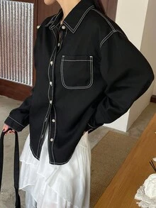 DAZY 浅色水洗牛仔衬衫，有领有口袋，宽松长袖，春夏秋 - 黑色 - 查看 6