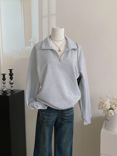 Sweetra Young Teens Girls' Turndown Collar Half-Zip Drop Shoulder Loose Fleece Sweatshirt Fall Winter