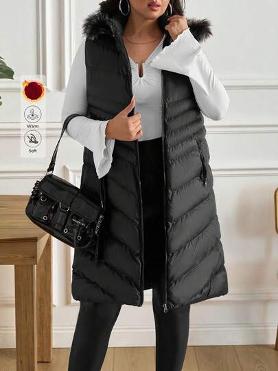 EURMUSE Damski płaszcz zimowy w jednolitym kolorze, plus size, z odpinanym kapturem, bez rękawów i w pasie, długi, z kieszeniami