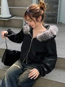 FRIFUL Jaqueta feminina preta lisa com capuz, gola de pele sintética, mangas compridas, cordão na barra, modelagem solta, estilo casual e versátil, ideal para outono e inverno. - Preto - Ver 5
