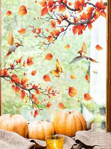 1Pc Autumn Maple Leaf Window Sticker, Home Decor Sticker, Reusable Glass Sticker, Asymmetrical Shape Removable, Suitable For Home, Bathroom, Party, Store Decoration, Thanksgiving - Multicolor - View 1