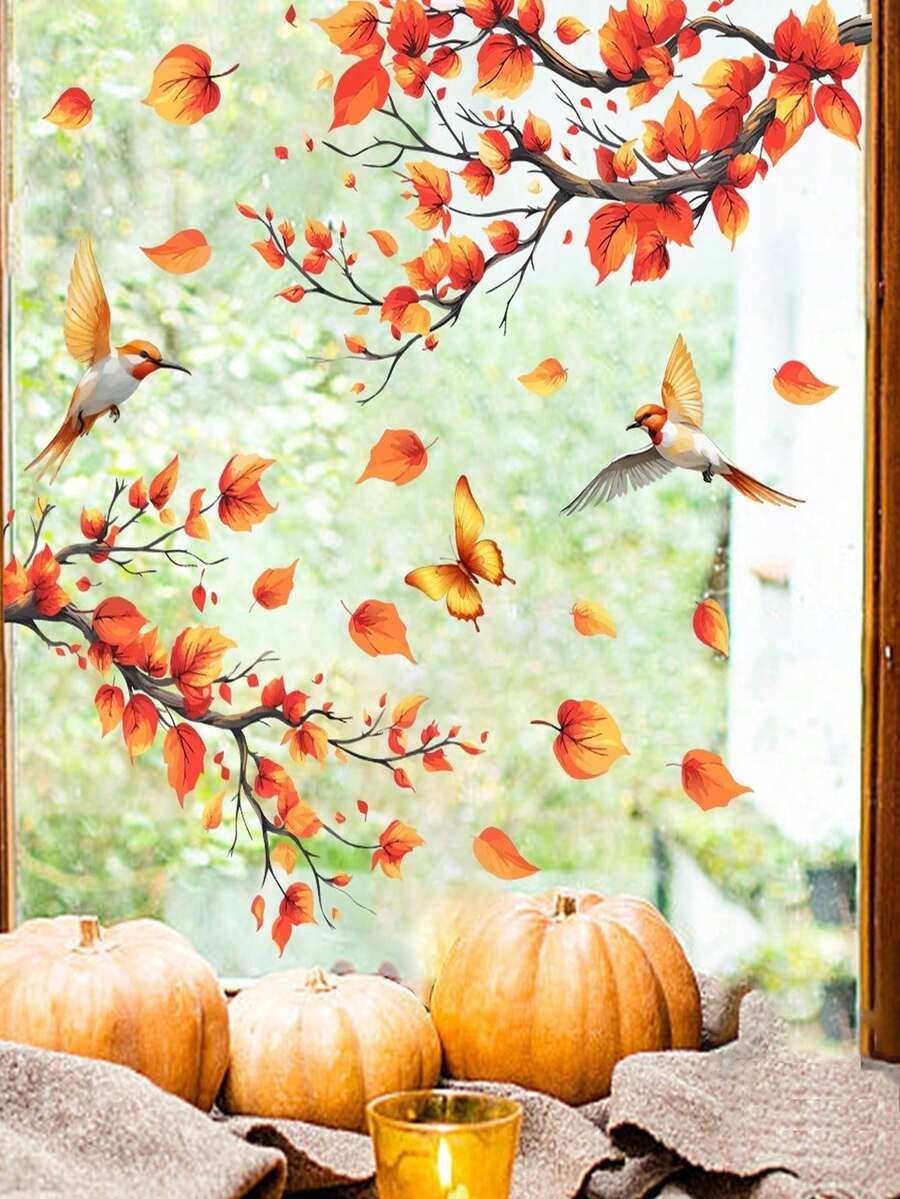 1Pc Autumn Maple Leaf Window Sticker, Home Decor Sticker, Reusable Glass Sticker, Asymmetrical Shape Removable, Suitable For Home, Bathroom, Party, Store Decoration, Thanksgiving - Multicolor - View 1