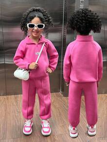 SHEIN 两件套女童圆领卫衣和松紧腰裤套装，可爱休闲字母印花，适合秋冬季节穿着，可用于上学、外出、日常穿着、家庭聚会，也可作为姐妹装。粉色女童运动套装，拉链女童运动服套装，粉色运动服套装，女童运动服，粉色运动服，粉色运动服，女童粉色运动服，粉色运动服，女童粉色运动服，女童粉色运动服，女童粉色运动服，幼儿运动服套装，秋季 - 玫紅色 - 查看 8