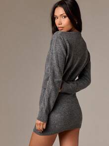 AiiRZ Conjunto de dos piezas de falda mini y cárdigan con botones de punto, con puños y bajo acanalados, manga larga, estilo de moda de otoño para uso casual - Gris - Ver 2