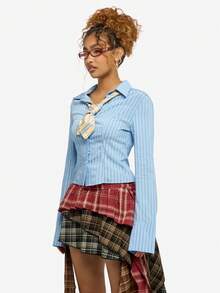 SUMWON WOMEN Stripe Slim Fitted Long Sleeve Button Down Shirt With Tie Detail For Office Business Casual - Blue - View 4